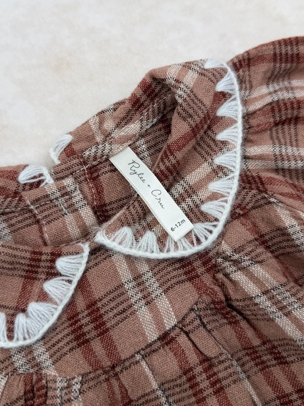 🆕 Rylee + Cru Brown Plaid Baby Romper with Peter Pan Collar
